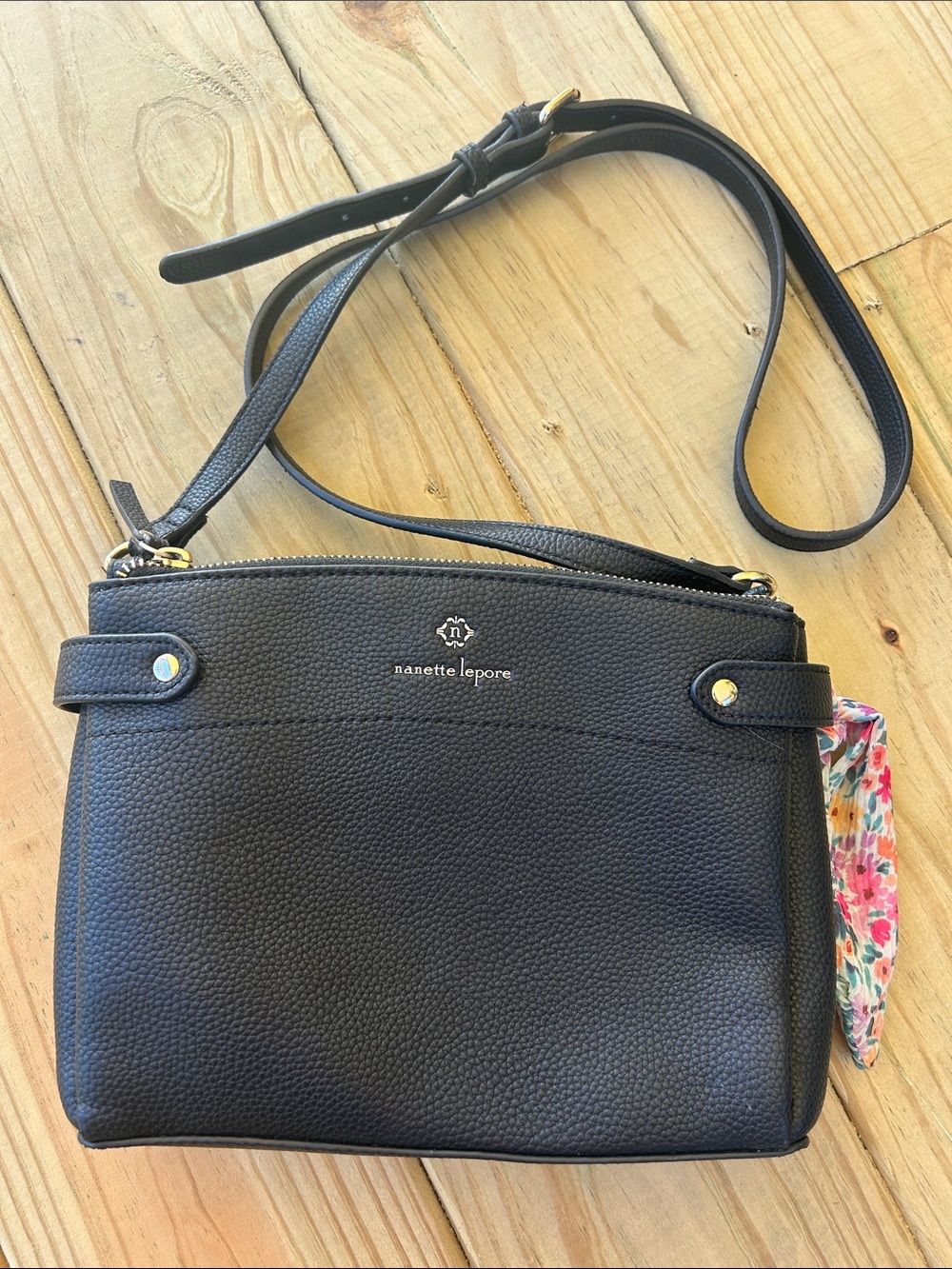 Nanette Lepore Black Pebbled Leather Crossbody Bag with Floral Scarf Accent
